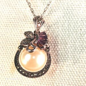 Sterling Silver Marcasite Pendant Amethyst & Faux Pearl Accent Art Deco Vintage